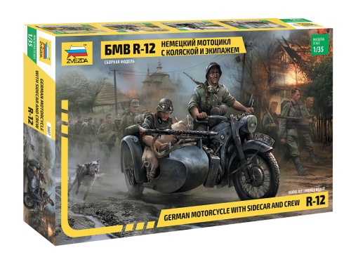 Niemiecki motocykl R-12 z wózkiem bocznym i załogą 1:35 Zvezda 3607