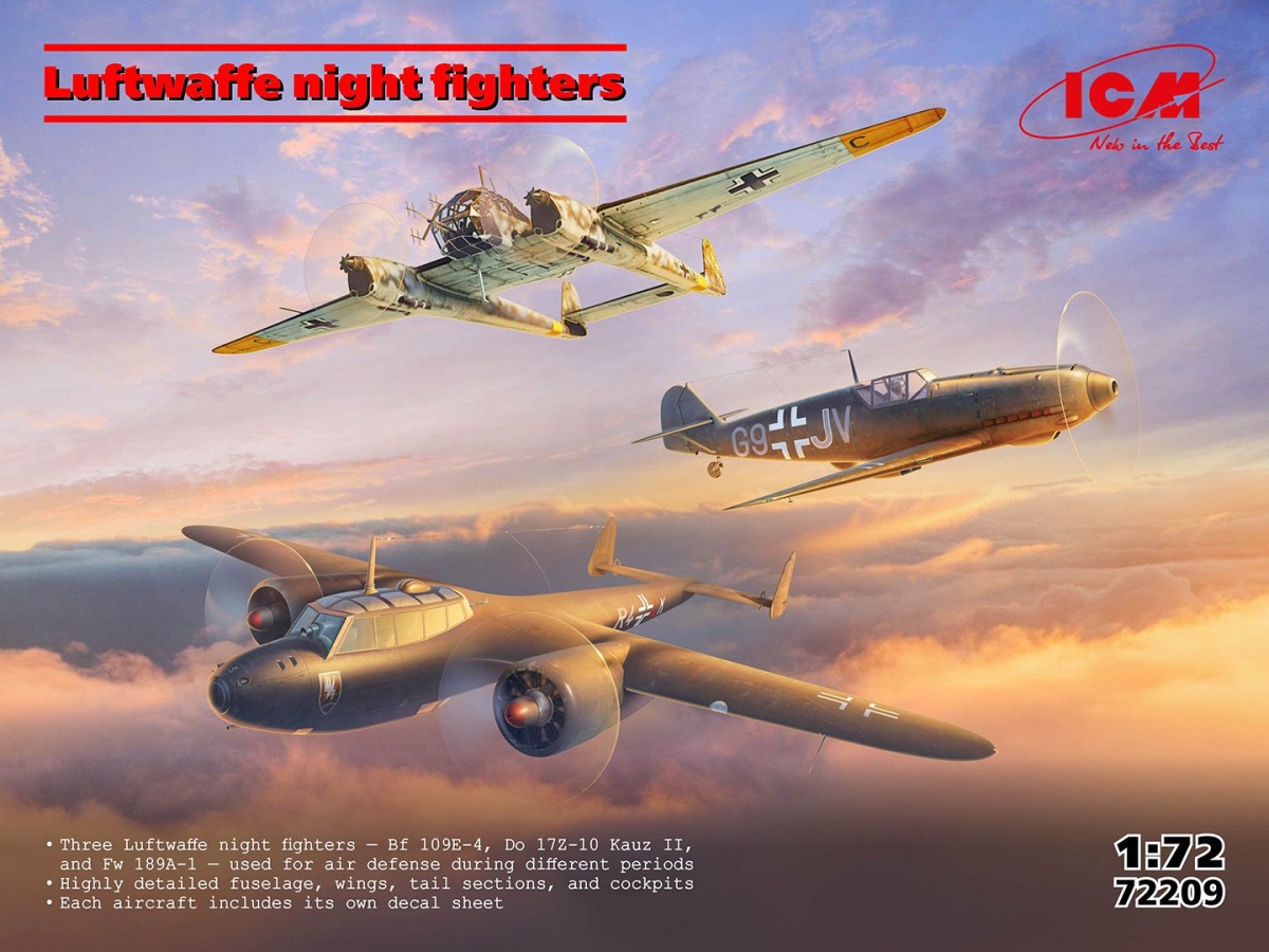Zdjęcie Nocne myśliwce Luftwaffe (Messerschmitt Bf-109 E-4 / Fw-189 A-1 / Do-17 Z-10) 1:72 ICM 72209